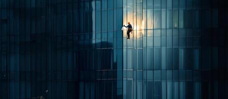 Worker cleaning windows on a high rise building.Generated image photo
