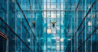 Worker cleaning windows on a high rise building.Generated image photo