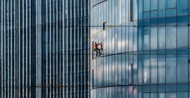 Worker cleaning windows on a high rise building.Generated image photo