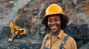 Portrait of an Afro-American female miner at a mining site.Generated image photo