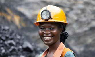 Portrait of an Afro-American female miner at a mining site.Generated image photo