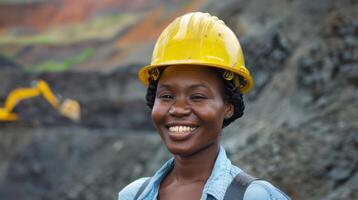 Portrait of an Afro-American female miner at a mining site.Generated image photo