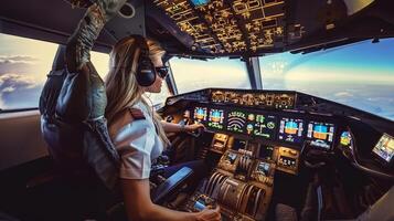 Female pilot operating an airplane from the cockpit.Generated image photo