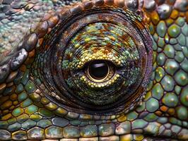 Close Up of a Chameleon s Intricate Color Changing Skin and Piercing Reptilian Eyes photo