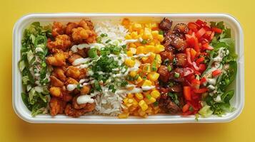 A mouthwatering grilled chicken rice bowl, topped with fresh vegetables, drizzled with creamy sauce, garnished with herbs, served in a takeaway container. Ideal for healthy meals. photo