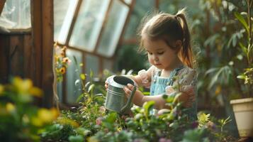 Cute Little Girl Watering and Caring for Plants in the Garden.Generated image photo
