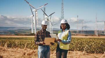 Engineers Using Digital Technology to Monitor Wind Turbine Maintenance.Generated image photo