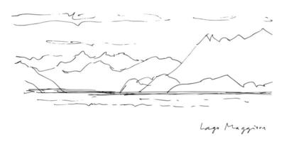 Lake Lago Maggiore in the mountains sketch with handwritten text. Hand drawn illustration with landscape Italian and Swiss resorts Lombardia, Piemonte, Ticino. Background for card, poster, sign vector