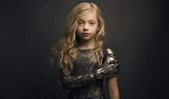 Isolated on a grey backdrop, a young girl with a robotic arm symbolizes innovation and hope for a technologically advanced future.Generated image photo