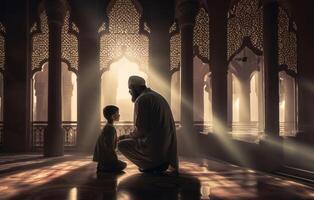 Father and Son in Ihram at a Sacred Site During Their Pilgrimage.Generated image photo