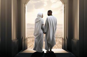 Portrait of a Muslim couple in white Ihram garments at a sacred site, reflecting their devotion and unity during pilgrimage.Generated image photo