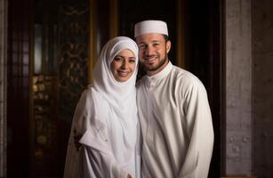 Portrait of a Muslim couple in white Ihram garments at a sacred site, reflecting their devotion and unity during pilgrimage.Generated image photo
