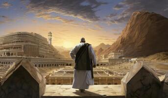 Elderly Muslim man in traditional attire standing in reverence before the Kaaba in Mecca..Generated image photo
