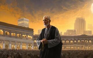 Elderly Muslim man in traditional attire standing in reverence before the Kaaba in Mecca..Generated image photo