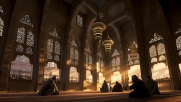 Group of Muslims Praying in a Mosque with Sunlight Streaming Through the Window, Creating Silhouettes.Generated image photo
