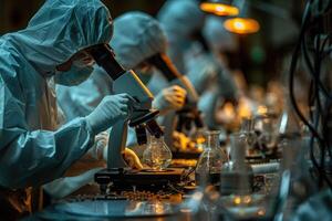 The Industry CleIndustrial laboratories employ skilled workers dressed in modern protective suits.anroom features skilled Workers clad in stateoftheart Protective Suits, photo