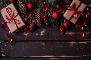 Top view photo Christmass flatlay gift boxes,red christmas tree toys and spruce brance on wooden background. Xmas backdrop with space for text.Copyspace.