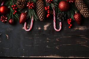 Christmass background red christmas tree toys and spruce brance on wooden background.. Xmas backdrop with space for text.Copyspace. photo