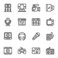 Entertainment icon set. Includes art gallery, cd player, movie ticket, television, music equaliser, and More. Outline icons collection. vector