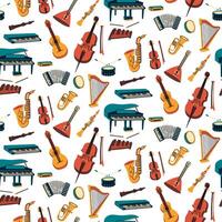 pattern with musical instruments, colored flat illustrations. Guitar, synthesizer, violin, cello, drum, cymbals saxophone, accordion, piano, harp, harmonica, balalaika, cello, pipe, xylophone. texture vector