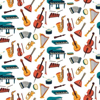 pattern with musical instruments, colored flat illustrations. Guitar, synthesizer, violin, cello, drum, cymbals saxophone, accordion, piano, harp, harmonica, balalaika, cello, pipe, xylophone. texture