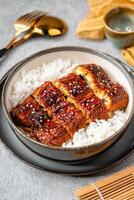 Unagi donburi It consists of a donburi type large bowl filled with steamed white rice, and topped with fillets of eel unagi grilled in a style known as kabayaki, similar to teriyaki. photo