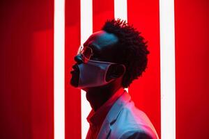 Trendy Male Model in Face Mask with Neon Red Background Fashionable Lifestyle portrait photo