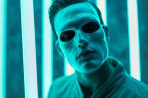 Stylish Male Model in Face Mask with Neon Teal Background Trendy Lifestyle portrait photo