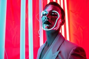 Stylish Male Model in Silver Face Mask with Neon Coral Featured in a Contemporary Lifestyle portrait Background photo