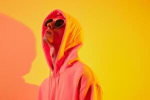 Dynamic Fashion Male Model in Neon Coral Hoodie with Neon Yellow Background Stylish and energetic Males portrait Featuring Urban Style photo