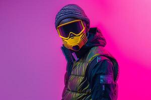 elegant Fashion Male Model in Casual Vest with Neon Yellow Ski Mask and Neon pink Background High end portrait photo