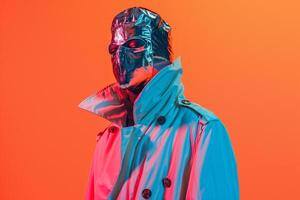 Trendsetting Male Model in Casual Overcoat with Fashionable Face Mask and Neon Coral Background Modern portrait emphasizing Contemporary Fashion Style photo