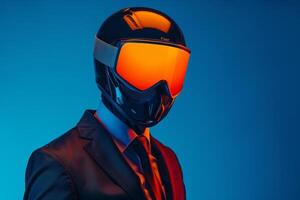 High end Fashion portrait of a Handsome Male Model in Tailored Suit with Neon Orange Ski Mask and Neon Blue Background Stylish Lifestyle Featuring Modern Fashion Trends photo