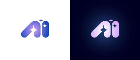 Futuristic gradient colors AI monogram logo and abstract magic stars. Modern icon symbolizing artificial intelligence, digital innovation and technology. Branding, software or networks badge vector