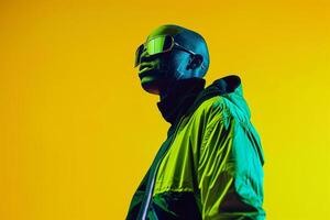 Male Fashion Model in Casual Jacket with Face Mask A Stylish portrait Featuring Neon Green Lifestyle eleMalets for Trendy Looks photo