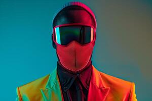 Classic Blazer with Neon Red Ski Mask Trendy Male portrait Featuring a Classic Blazer and Neon Red Ski Mask with Neon Green Background photo