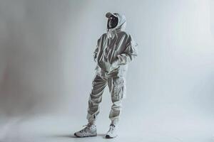 Handsome male model in a trendy tracksuit with a futuristic white background presenting a high fashion portrait with a modern lifestyle backdrop photo