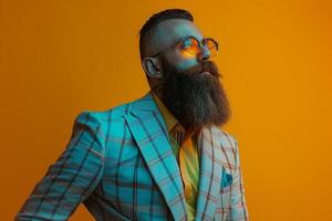 Bearded Model in Glamorous Suit with Soft Neon Yellow Urban Lifestyle portrait Featuring Stylish Fashion Combining Trendy eleMalets with a Modern Urban Appeal photo