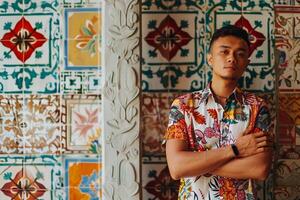 Male model in a patterned shirt with mosaic tile design creating a creative portrait with a dynamic background showcasing modern Males fashion and lifestyle photo