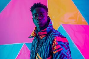 Stylish male model in an 80s style windbreaker with neon geometric background Showcasing bold fashion and a retro lifestyle with vibrant aesthetic photo