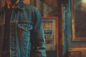 Handsome male model in a retro denim jacket with a 70s inspired background emphasizing classic vintage style and timeless fashion with a chic touch photo