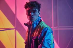 Fashionable male model in an 80s style windbreaker with neon geometric patterns Highlighting retro aesthetic and bold fashion with a vibrant touch photo