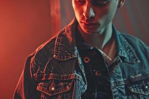 retro denim jacket with a 70s inspired background Featuring classic vintage style and timeless charm with a stylish touch photo