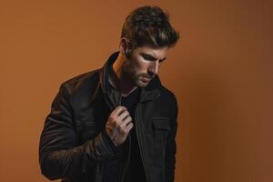 Stylish male model in a zip up jacket with a light brown background highlighting a fashionable and costume oriented lifestyle portrait photo