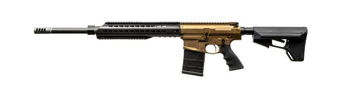 Modern automatic rifle isolated on white background. A gold-coloured weapon with a carbon forearm and barrel. Assault rifle on white back. Automatic carbine. photo
