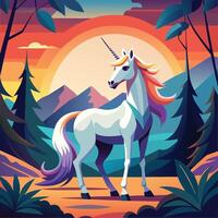 a unicorn stands in front of a forest at sunset vector