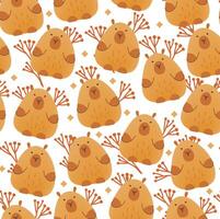 Capybara with flowers seamless pattern on white background. illustration of cute cartoon animals.Kids print in flat style with mesh gradient.Brown colors. vector