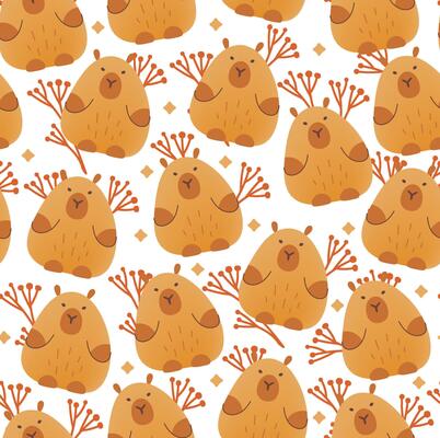 Capybara with flowers seamless pattern on white background. illustration of cute cartoon animals.Kids print in flat style with mesh gradient.Brown colors.