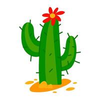 prickly cactus with a red flower grows on the sand in the desert. Flat illustration on a white background. Mexican, desert-themed party. cheerful green prickly cactus with an open large flower vector