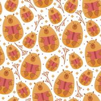 Capybara with book and flowers,leaves seamless pattern on white background. illustration of cute cartoon animals.Kids print in flat style with mesh gradient. vector